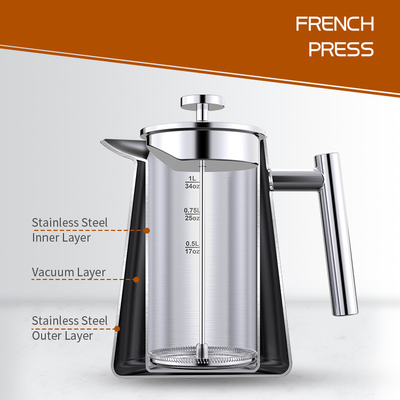 vide 13.4*20.5cm de pot de café de plongeur de l'acier inoxydable 1000ml/34oz