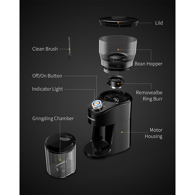 Moulin à café noir automatique portable 100 W 240 g fraise conique 2-12 tasses 14 réglables