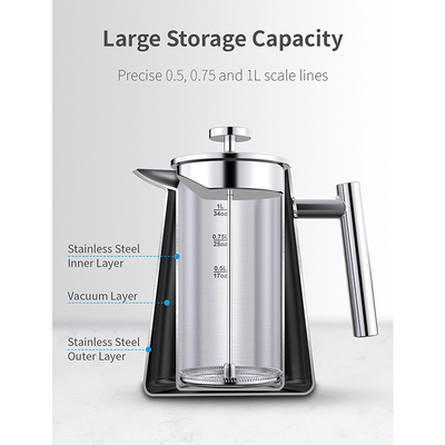 le fabricant de café de pot du vide 1000ml/34oz gardent la presse française chaude LFGB de fabricant de thé